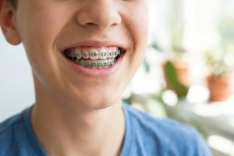 Cheerful teen smiling with classic metal braces