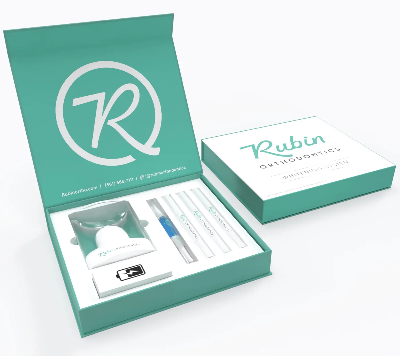The Rubin Orthodontics Whitening System take-home kit with whitening gel pens and LED light tray